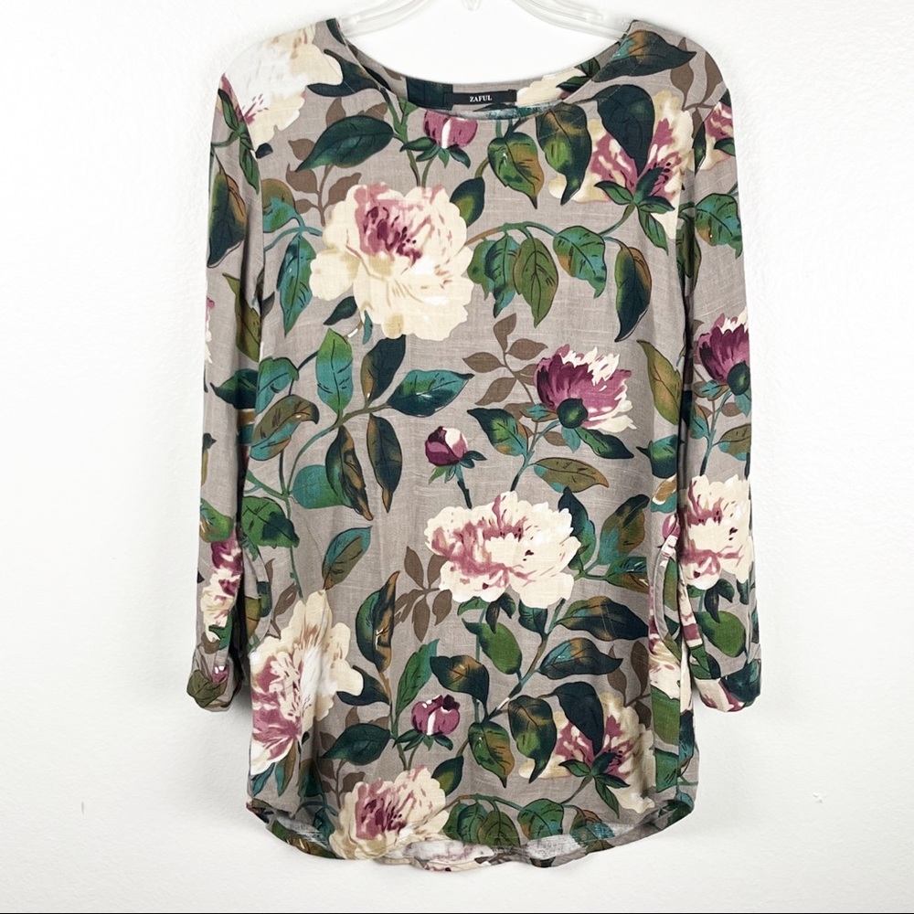 ZAFUL Floral 3/4 Sleeves Side Pockets Tunic Top Size Small Office Work Boho Chic